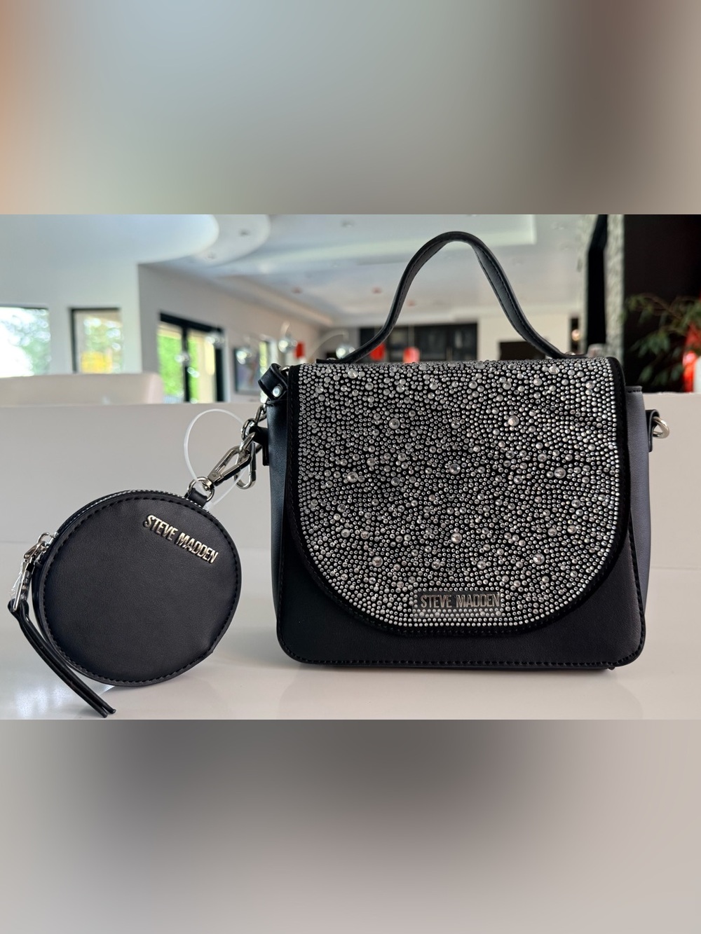 STEVE MADDEN Black Rhinestones Crystal-Embellished Crossbody Bag/ Satchel